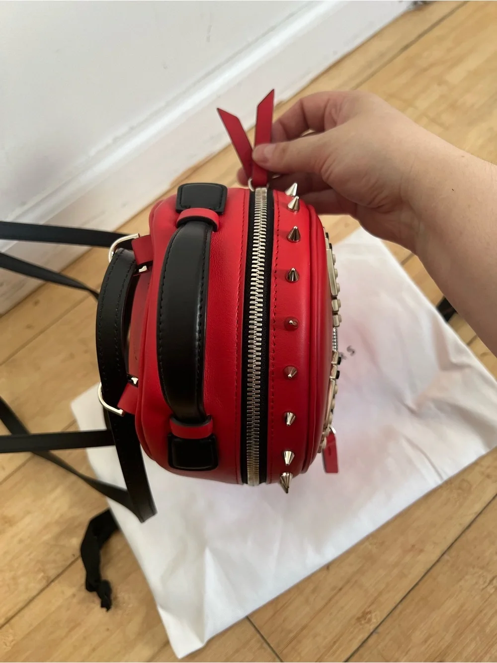 NWT Les Petits Joueurs Micro Mick Pixel Eyes Red Leather Backpack With Spikes